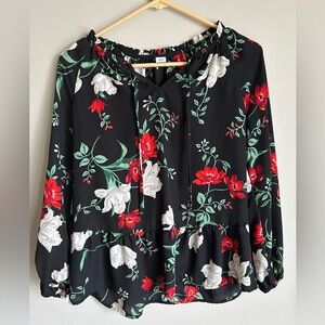 Floral Peasant Blouse – Black with Red & White Flowers